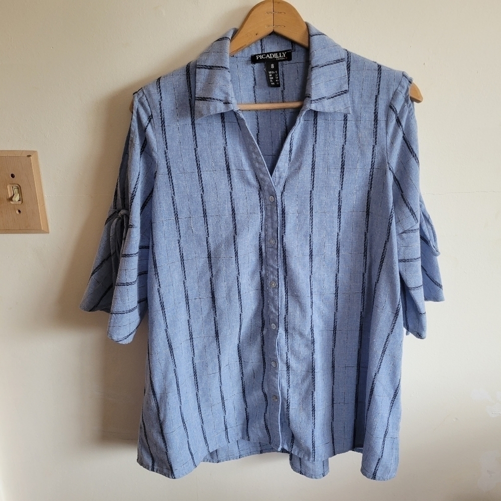 Piccadilly Button Down 1/2 Sleeve Cold Shoulder Blue Stripe 8 Medium